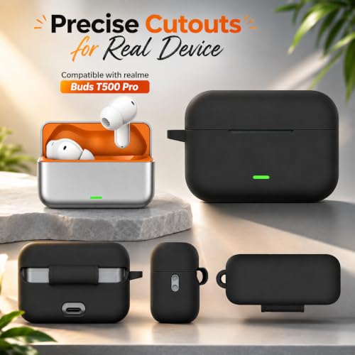 Image of Silicone Case for Realme Buds T500 Pro TWS Earbuds | Shockproof 360 Protective Cover | Heavy-Duty Carabiner Clip | LED Visible | Soft Anti-Slip & Lightweight Case (Black)