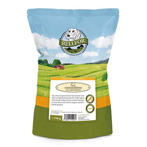 Bellfor Fleischstreifen Wildschwein Gesunder Hundesnack - 100 g. Wildschweinfleisch aus regionaler Herkunft – getreidefreier Kauartikel für Hunde, ganz ohne Zusatzstoffe.