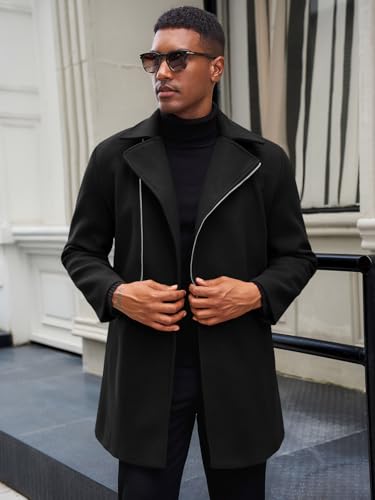 Runcati Mens Trench Coat Notch Lapel Zip Up Overcoat Casual Winter Long Business Pea Coat3