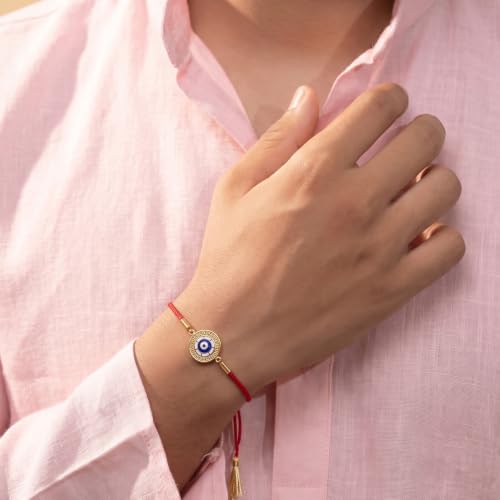 Image of PALMONAS Demifine 18K Gold Plated Evil Eye Rakhi for Brother - Waterproof & Anti-Tarnish Designer Rakhi for Men | Premium Raksha Bandhan Rakhee with Roli Chawal