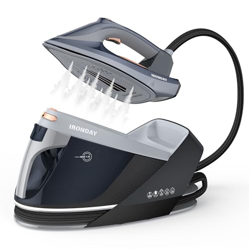 IRONDAY - Estación de vapor para ropa con visualización LED, placa de cerámica para plancha de vapor de 1800 W, apagado automático, autolimpiable, antigoteo, vaporizador de planchado de tanque de agua