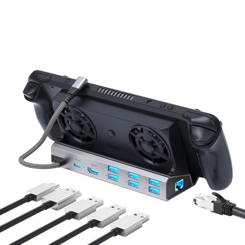 Dual Cooling Fans 12 in 1 Steam Deck Docking Station with 4K@60Hz 2.0,6 USB Ports,1000Mbps, USB-C 100W PD,40Gbps Adapter for Steam Deck/Rog Ally/Legion Go