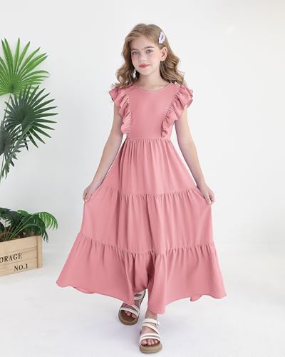 Girls Summer Dresses Tween Tie Back Ruffle Sleeve Kids Swing Flowy Casual Beach Maxi Dress2