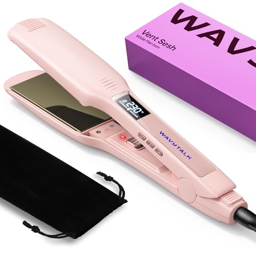 Wavytalk Hair Straightener 1.75 Inch Wide Titanium Plate Straightener for All Hair Types Dual Voltage Flat Iron Leave Silky Smooth Look 20% Faster Styling Pink