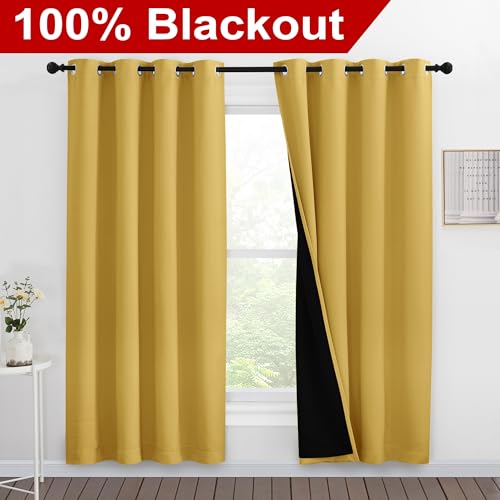 Image of NICETOWN Bright Yellow Full Shade Curtain Panels, Pair of Energy Smart & Noise Blocking Out Blackout Drapes for Dining Room Window, Thermal Insulated Guest Room Lined Window Dressing, 55 x 78 inch