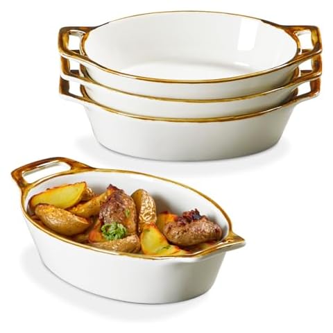 ONEMORE Au Gratin Baking Dish, 20 oz Oval Ceramic Small Casserole Dishes with Handles, 6x8" Individual Baking Dish for 1-2 People, Oven Safe for Pies & Meals, Set of 4 Single Serving Dishes, Brown Rim Cover