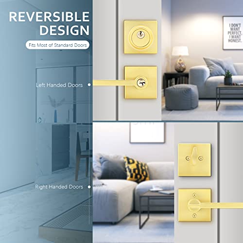 Ehomeware 2 Sets Entry Door Handle And Single Cylinder Deadbolt Lock And Key Combo Pack - Heavy Duty Square Locking Lever Set - Interior/Exterior Door Levers In Satin Brass Finish #TOP4