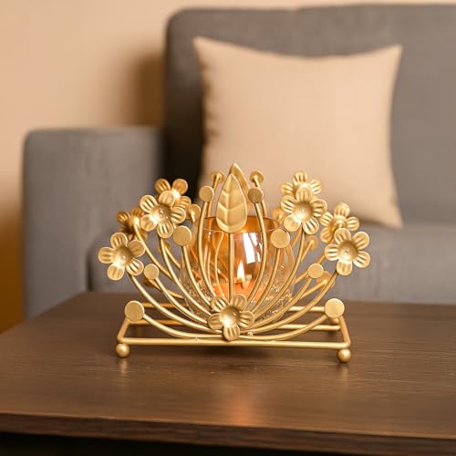 Image of MARKET 99 Metal+Glass Single Votive T-Light Holder Leaf Shape | Decorative Candle Holder for Christmas, Diwali, Birthday & Wedding | Elegant Home Decor Accent for Festive & Ambient Lighting - Golden