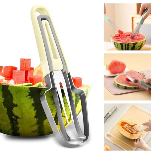 Affettatrice per Melone 3 in 1, Nuovo Modello in Acciaio Inox per Angurie, Taglierina per Frutta, Anguria, Cantaloupe, Papaia, Frutti di Drago (Beige)