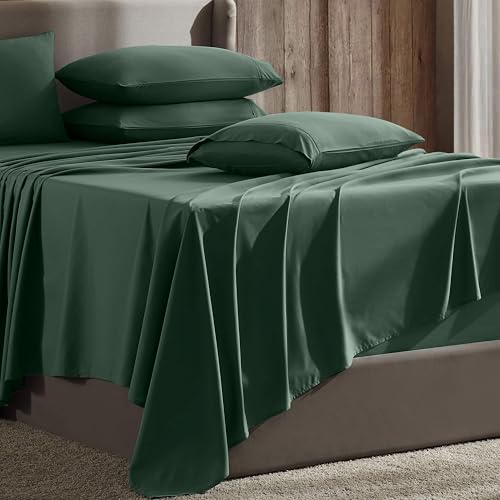 Image of Hearth & Harbor Extra Deep Pocket Sheet Sets, Luxury Soft 6 Piece Bed Sheet Set Fits Mattress 18-24 Inches - King, Hunter Green