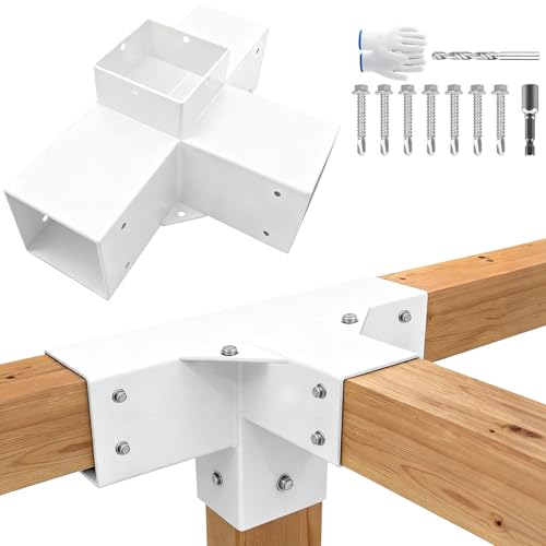 Image of 1 Pack 4-Way Pergola Brackets Kit,DIY Right Corner Woodwork White Brackets for 4 inch x 4 inch (Actual:3.5 inchx3.5 inch) Lumber for Patio Pergolas, Gazebos, Log Cabin W /Hardware
