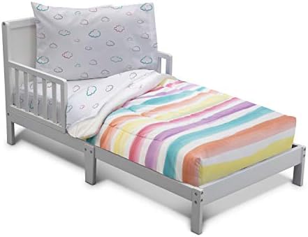 Delta Children 4 Piece Toddler Bedding Set for Girls - Reversible 2-in-1 Comforter - Includes Fitted Comforter to Keep Little Ones Snug, Bottom Sheet, Top Sheet, Pillow Case - Rainbows and Sunshine