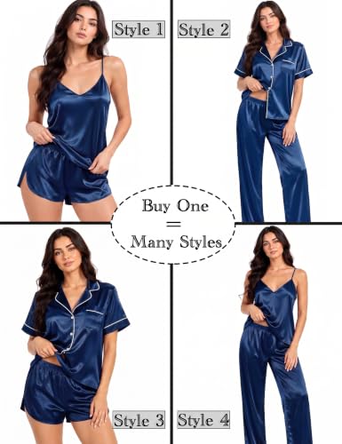 Image of SWOMOG Womens Silk Satin Pajamas Sets 4pcs Sleepwear Sexy Cami Shorts Set and Button Down Short Sleeve Pjs Loungewear
