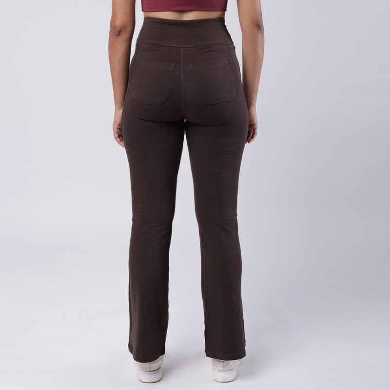 Image of Blissclub AM:PM Cotton Flare Pants for Women Above 5'5 ft Tall | Wide Waistband, 4 Pockets | Bell Bottom Pants and high Waist Trousers for Office wear