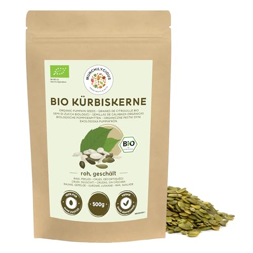 Semillas de calabaza bio 500g de Munchilycious, semillas de calabaza crudas y peladas para comer, snacks de nueces, snacks keto, aderezo perfecto para cereales, granola o gachas de desayuno