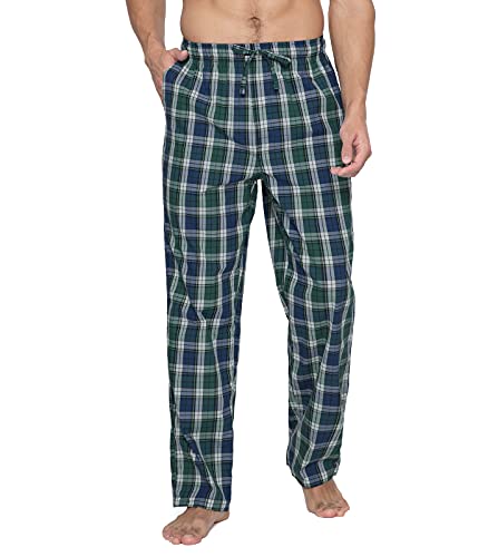 Lapasa Men's 100% Cotton Woven Plaid Pajama Pants Lounge Sleepwear Pants Pj Lightweight Bottoms Drawstring And Pockets M38 Large (Woven) Light Green+Light Blue Plaid #TOP5