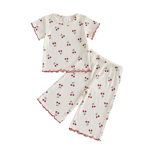 Image of JCOPLY Toddler Baby Girls Summer Clothes Soft Crew Neck Cherry Print Tshirt Top and Elastic Flare Trousers Set Kid Bell Bottom Pants Two Piece Clothes (Apricot, 2-3T)