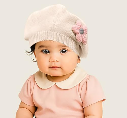 2Pcs Baby Girl Beret Hat Toddler Winter Knitted Infant Girl Beret Hat Cute Flower Little Girls French Hat2