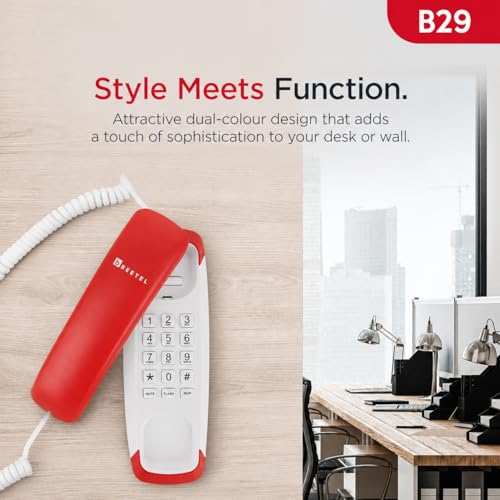 Image of Beetel B29 Designer Slim and Stylish Corded Landline Phone,Ringer Volume Control,Wall /Desk Mountable,Clear Call Quality,Compact Design,Tone Pulse /Flash /Redial Function (Made in India) (Red White)(B29)