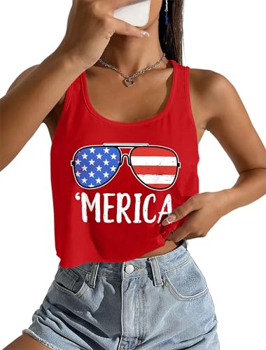 Ithalt USA Top for Women 4th of July Outfits American Flag T-Shirt Patriotic Tank Red White and Blue Crop Tops for Girls(CRed2,X-Large)