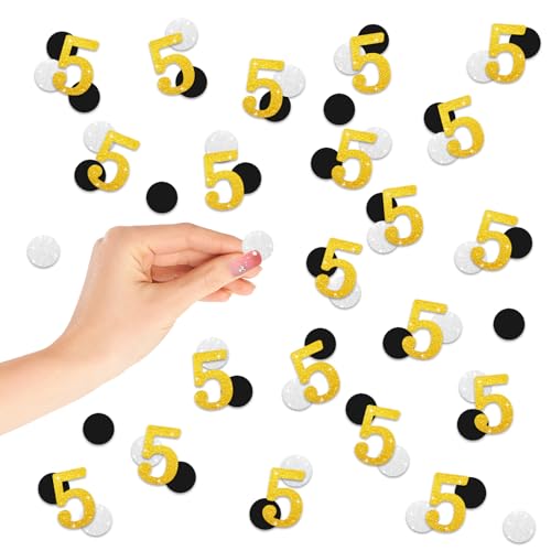 Number 5 Confetti, Gold Glitter 5th Birthday Table Confetti, 200pcs Black Silver Dots Paper Scatters, Gold Five Cut Out for 5th Anniversary Party Table Decoration