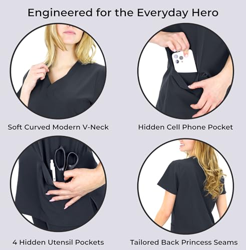 READY SET SCRUBS - Scrub Tops for Women - 3 Pack - Curved Modern V-Neck Top with 7 Pockets - Soft Breathable Four Way Stretch - Dark Grey - Large by READY SET SCRUBS - Image 4