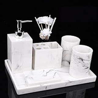 Bathroom Accessory Sets White Marble Pattern Bathroom Set 6 Pcs/Set Luxury Bath Accessories Set Lotion Dispenser, Toothbrush Holder, Cups, Soap Dish, Chassis