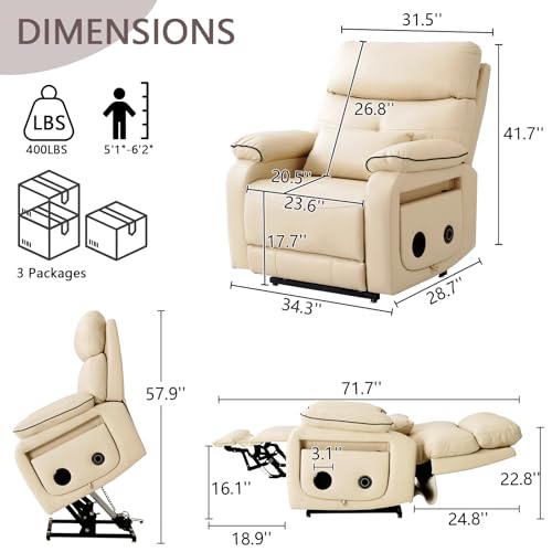 Dual Motor Power Lift Recliner Chair for Adult & Elderly, Infinite Position Lay Flat Lift Chair with Heat & Massage, Cup Holder, Lumbar Pillow, Wireless Charger, USB Ports, Leather (Beige)