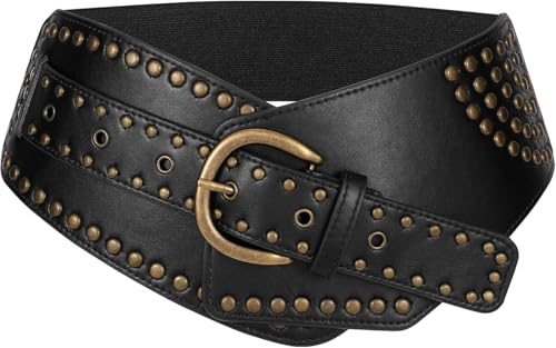 LAPRBY Women Vintage Wide Elastic Belt Rivets Stretchy Waist Belt with Metal Buckle