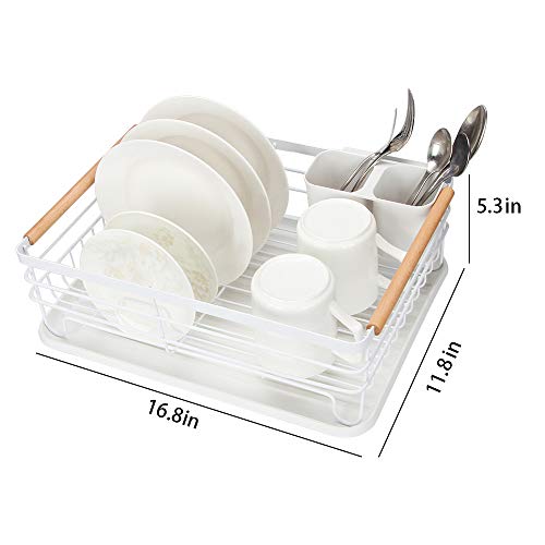 Attom Tech Home Modern Wood Handle Dish Rack and Drain Board, 16.5" x 12" x 5.5" Kitchen Plate Cup Dish Drying Rack Tray Cutlery Dish Drainer - Thumbnail 4