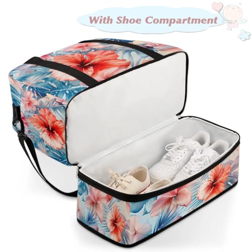 Travel Duffel Bags Palm Leaf Flower Foldable Weekender Bags for Women with Shoes Compartment Waterproof & Tear Resistant Carry on Overnight Luggage Duffel Bag Shoulder Sports Tote Bag,A-10074