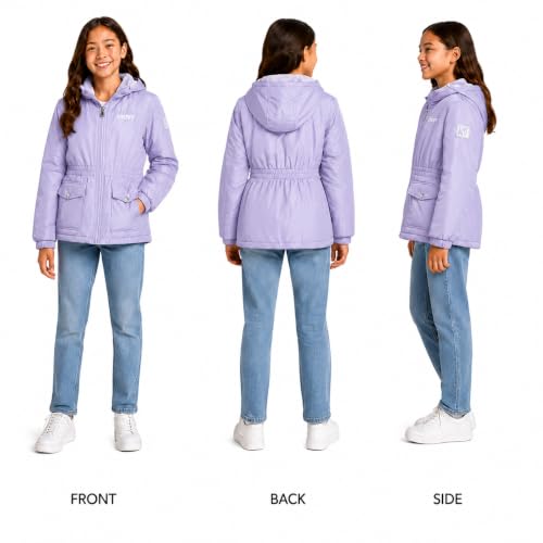 Image of DKNY Girls Midweight Jacket - Cozy Sherpa Fur Lined Water Resistant Hooded Anorak Windbreaker Zip Up Jacket for Girls