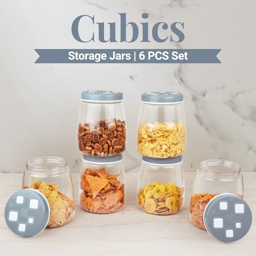 Image of FLAIR Cubics Airtight Food Storage Containers Set of 6 (1500ml each) with Spoons - Blue, BPA-Free, PET Plastic Jars, Space-Saving for Pantry, Snacks