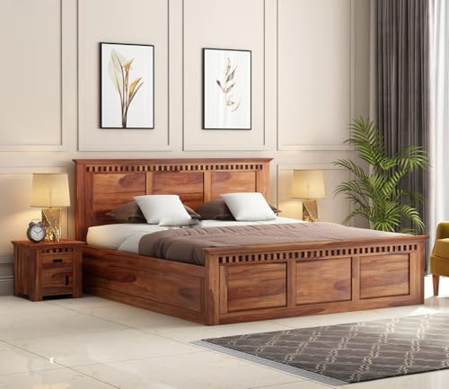 Image of Solid Sheesham Wood King Size Bed with Box Storage for Bedroom Furniture Wooden Double Bed Cot Beds Palang for Living Room Home and Hotels (Brown Finish)
