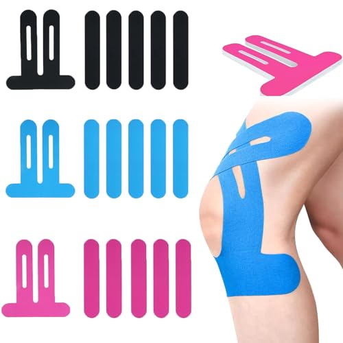 AEMCHDM 15 Piezas PreCut Kinesiotape para Rodilla, 3 Color Cinta Precortada Impermeable y Elástica, Respetuosas con la Piel Precut Kinesiology Tape Transpirable (Azul + Rosa + Negro)