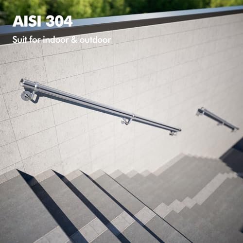 Stair Handrail Kit,4FT Heavy Duty Wall Mounted Railing System 304 Stainless Steel 1-11/16 Inch Pipe Indoor Outdoor Use Secure Grab Bar for Wood Concrete Brick Walls Staircase Railing Silver by METRAXION - Used condition - Image 7