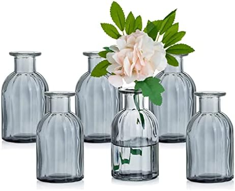 Glasseam Small Glass Bud Vase, Set of 6 Green Narrow Neck Apothecary Bottle 14cm Mini Ribbed Short Vintage Round Vases for Pampas Grass Flowers Wedding Centrepieces Living Room Table Decoration