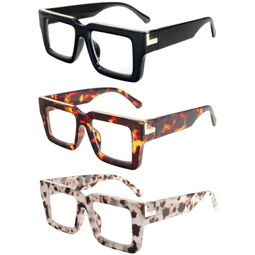 REAVEE 3 Pack Reading Glasses for Women, Blue Light Reader Thick Frame 2.75