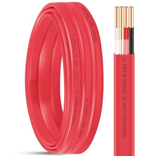 15ft NM-B 10/3 Wire with Ground 10/3 NM-B Copper Electrical Wire 10 Gauge 3 Conductors with Ground Non-Mettalic Sheathed Cable Residential Solid Indoor 10 AWG Copper Wiring for Circuit Switch Outlet