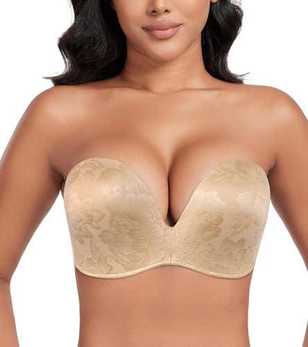 DotVol Sujetador Push up sin Tirantes Tallas Grandes para Mujer sin Aros Copa Completa Diseño Alas (90E,Flor Beige)