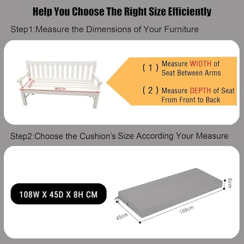 PRIMEPATIO Outdoor Garden Bench Cushion, 8cm Thick Patio Garden Furniture 2 Seater Waterproof Long Chair Cushion, Porch Swing with Ties, Window Seat Sofa Replacement Pad, Grey - Image 2