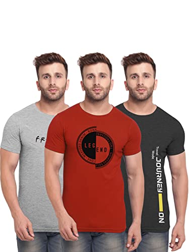 Image of BULLMER Mens Regular Fit Printed Round Neck Cotton Tshirt Pack of 3 - Black /Light Blue
