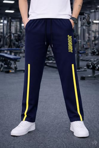 Image of Mack Jonney Men's Track Pants with Neon Yellow Side Stripe | Regular Fit Gym & Sports Lower | Activewear Training Joggers with Drawstring-M7961