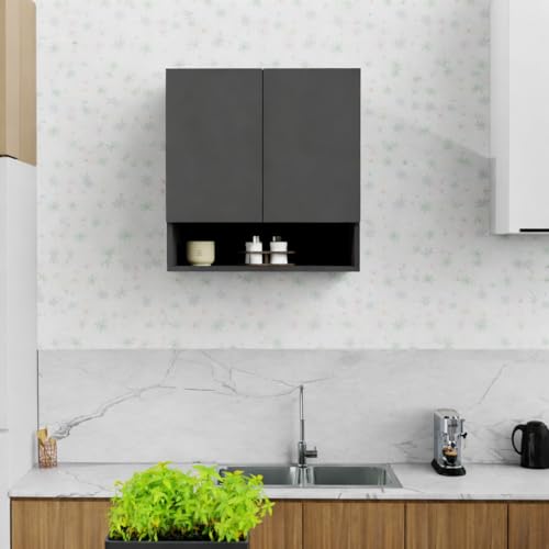 Image of 2 Door Multipurpose Wall Mounted Cabinet with Adjustable & Fixed Shelf | Storage for Kitchen, Bathroom, Office & Living Room | Assembly-DIY | Color-Grey | Size-60x33x63.8 Cm