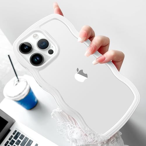 Image of MIDOS Back Cover Compatible with iPhone 14 Pro Max, Cute Curly Wave Frame Clear Case for Girls Women, Transparent Soft Silicone TPU Bumper Shockproof Protective Cover for iPhone 14 Pro Max (White)