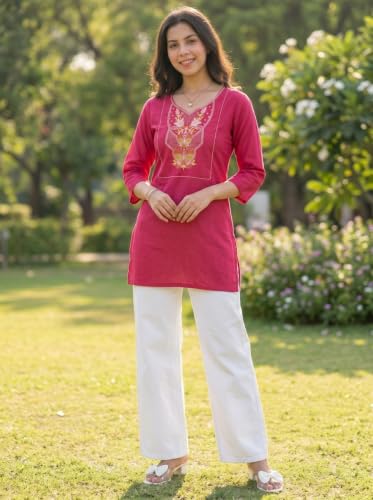 Image of Cotton Blend Embroidered Straight Kurta for Women | Cotton Blend | 3 /4 Sleeve | Round Neck V-Slit | Ethnic Wear Casual Wear