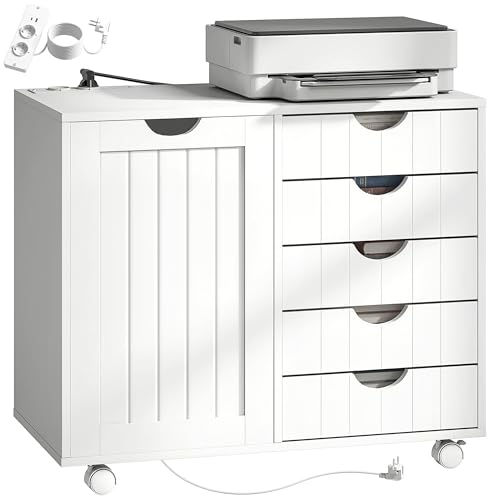 HOMCOM Mueble para Impresora con Estación de Carga y Ruedas, Soporte para Impresora, Cajonera para Escritorio con 5 Cajones, Puertos USB, Estante Ajustable para Archivador, Oficina en Casa, Blanco