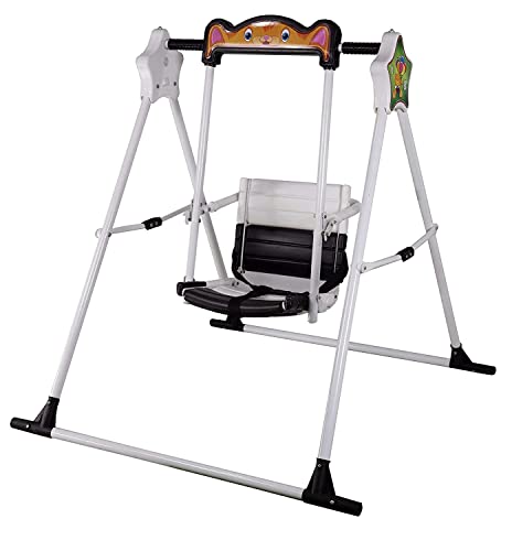 Image of BabyGo Kids Swing for 1-5 Years | Heavy-Duty Metal Frame Baby Swing Seat with Safety Belt | Indoor & Outdoor Foldable Toddler Swing | 30kg Capacity | Easy DIY Installation - Black & White