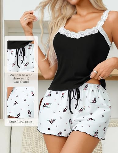 Sexy Pajama Set for Women 2 Piece lounge Set Floral Cami and Shorts Lingerie Set Cute Pjs Lace Trim Sleepwear3