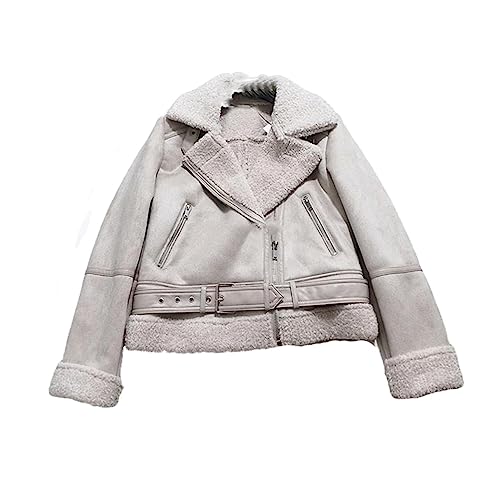 Veste courte suède femme avec col revers laine d'agneau et ceinture style motard